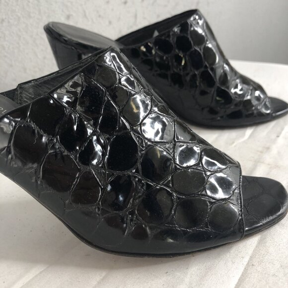 Donald Pliner Mules Womens 9 Black Alligator Texture Sandal Heels Open Toe - Picture 2 of 16